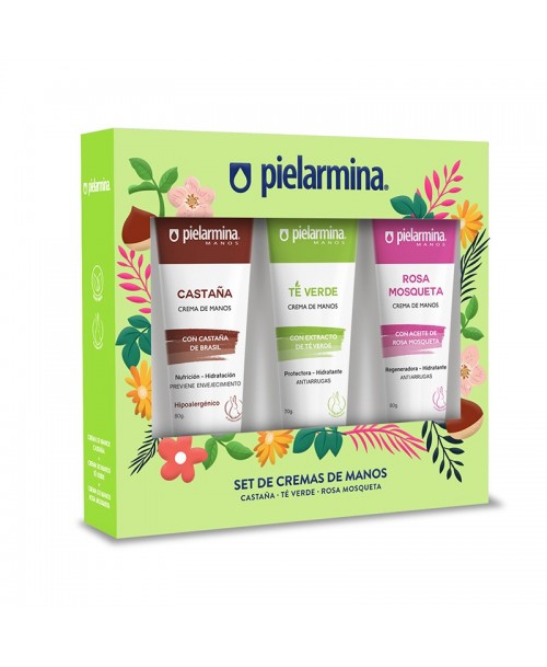 Estuche Pielarmina Set de Cremas de Manos: Castaña, Te Verde y Rosa Mosqueta / 70 grs c/u