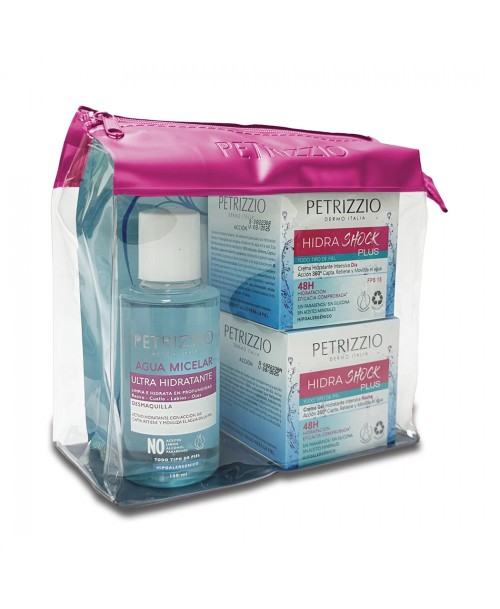 Estuche Petrizzio Hidrashock: Cremas faciales 50 grs, Agua Micelar 130 ml y Mascarilla Facial