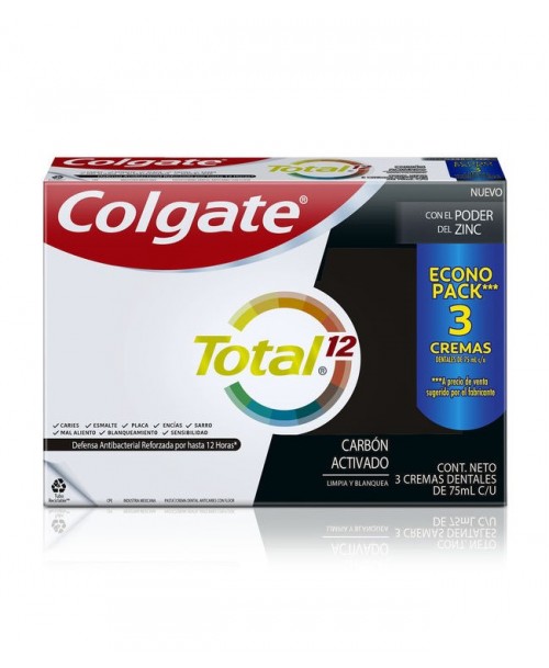 Colgate Pasta Dental Total12 Carbon Activado / 3 uns x 75 ml c/u